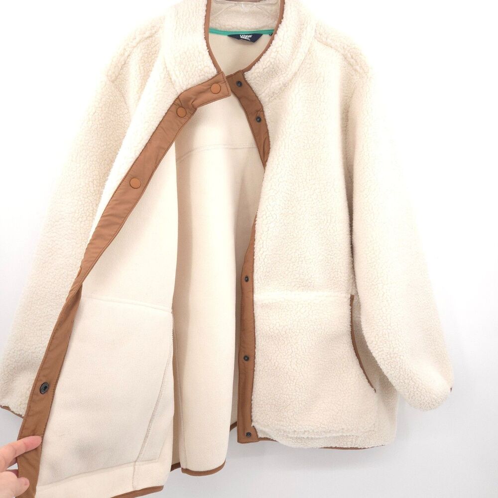 Lands' End cream sherpa fleece jacket Size 3X brown trim long sleeve pockets - Picture 8 of 13